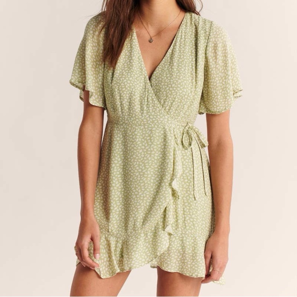 Abercrombie Green Frilled Wrap Mini Dress with White Print